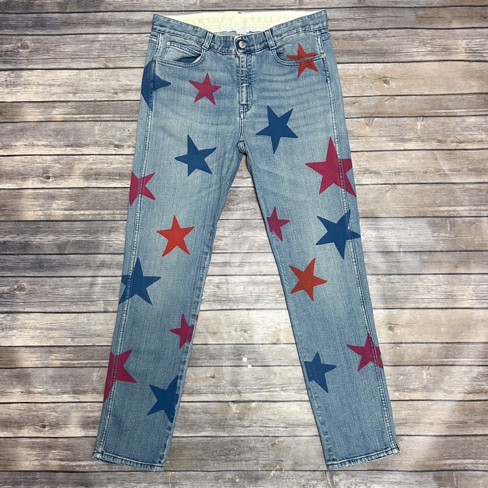 Stella Mccartney Medium Wash Red Blue Stars Print Mid Rise Boyfriend Jeans 28